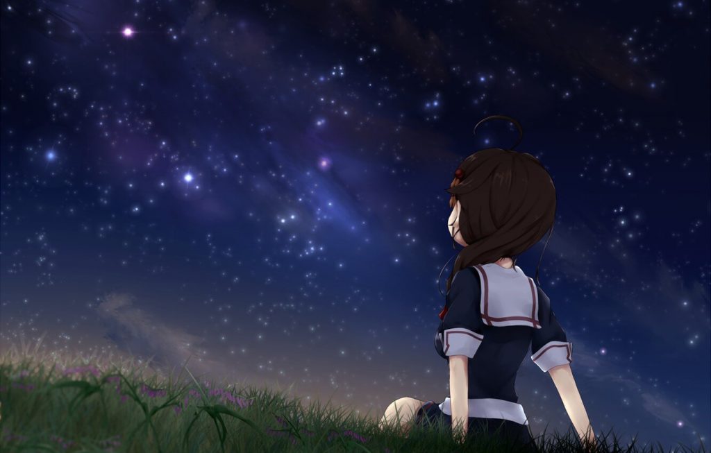 Cảnh anime cô gái ngồi trên cỏ ngẩng đầu ngắm bầu trời đêm đầy sao đẹp lãng mạn