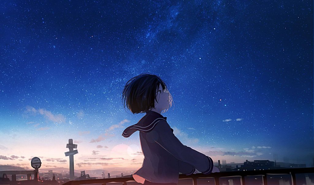 Ảnh anime cô gái buồn cô đơn ngắm nhìn bầu trời đêm chất chứa nhiều cảm xúc tuyệt đẹp