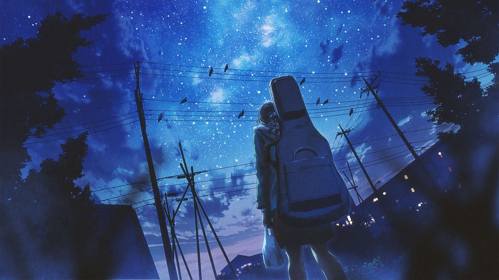 Hình cô gái anime đeo trên lưng cây đàn guitar đang đứng ngắm bầu trời đêm đẹp tuyệt trần