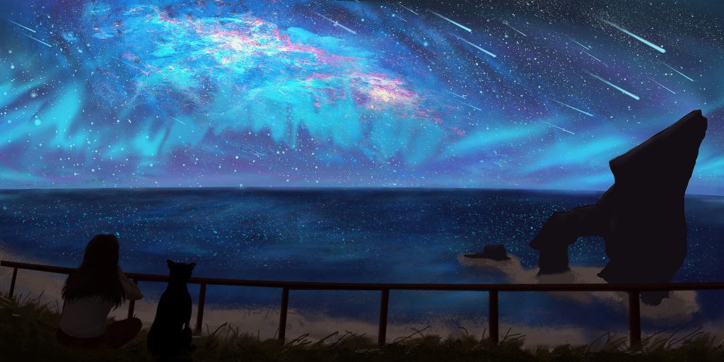 Cảnh anime cô gái ngồi cùng chú chó cưng ngắm sao băng rơi trên bầu trời đẹp tuyệt diệu