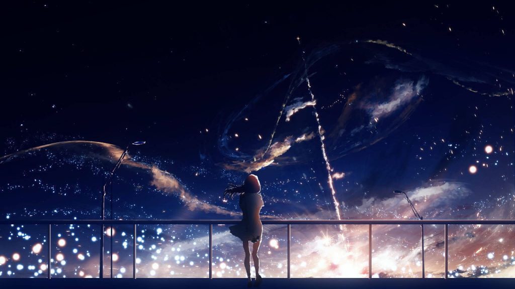 Bức tranh anime cô gái đứng ngắm bầu trời đêm đẹp tuyệt trần lay động lòng người