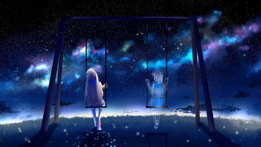 Anime cảnh cô gái ngồi xích đu cùng người bạn tưởng tượng ngắm bầu trời đêm đẹp thơ mộng