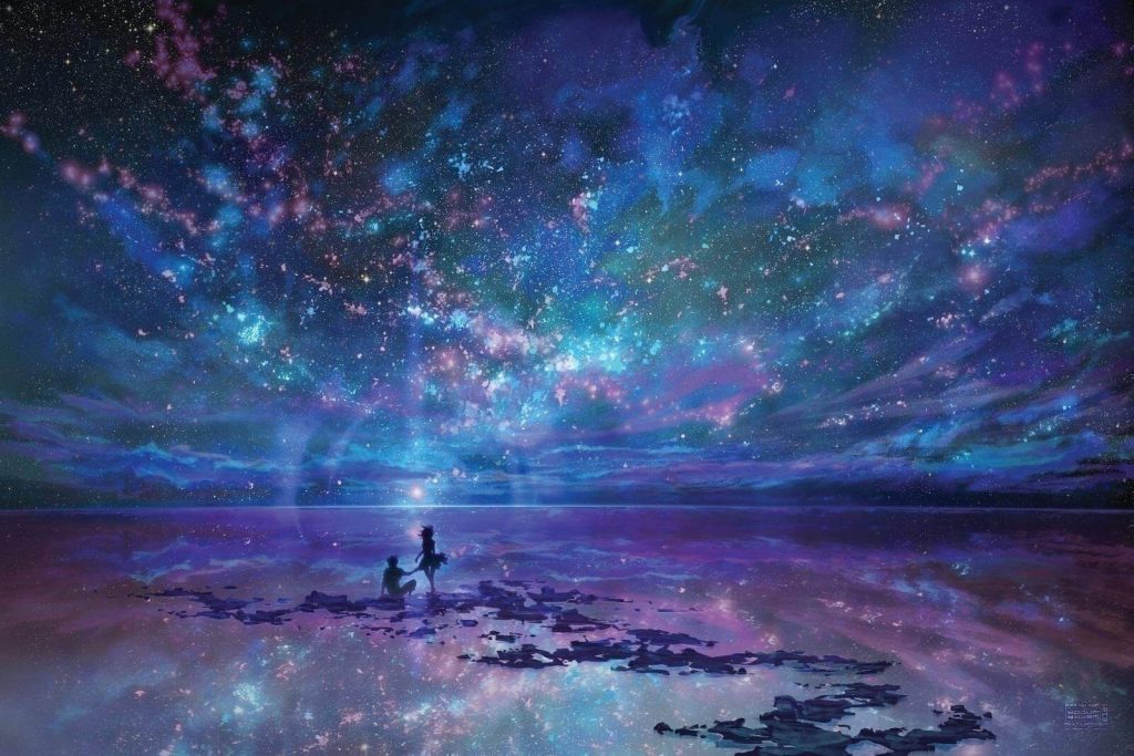 Cặp đôi anime cùng ngắm bầu trời đêm đầy sao sáng lung linh đẹp mê hoặc