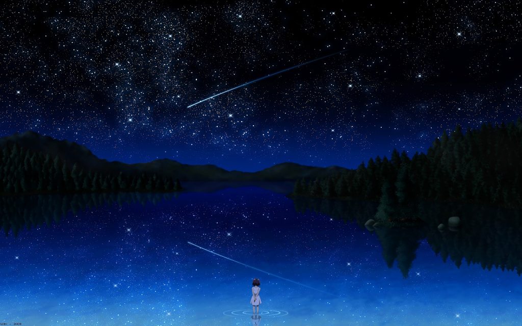 Anime cảnh cô cái đứng cạnh hồ ngắm sao băng rời trên bầu trời đêm đầy sao cực đẹp