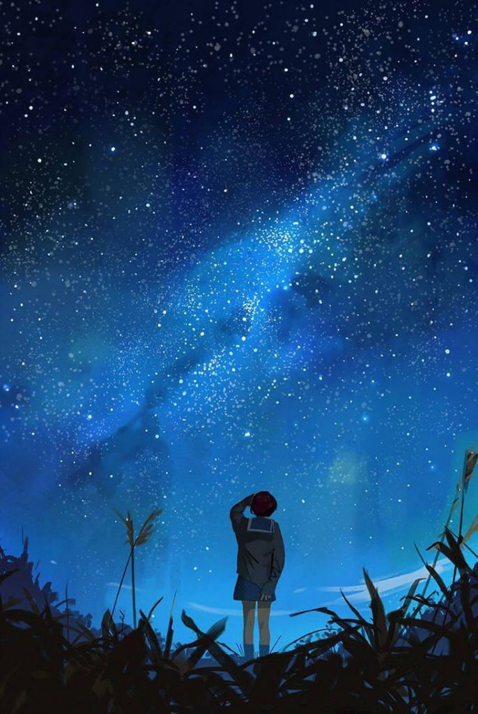 Cảnh đêm anime bầu trời đêm phủ đầy sao đẹp thơ mộng