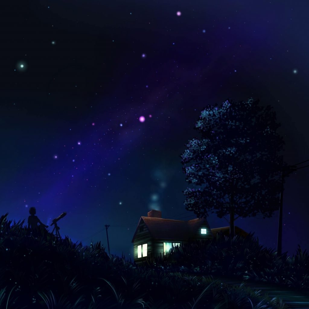 Cảnh anime ngôi nhà giữa rừng cây bên trên là màn đêm đẹp yên bình