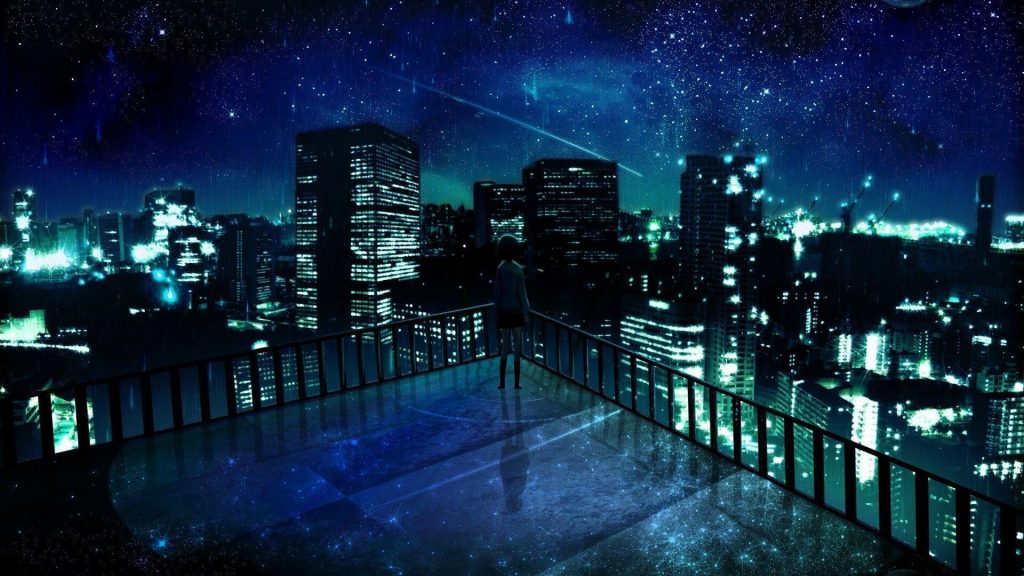 Cảnh thành phố anime lung linh bên dưới bầu trời đêm lãng mạn toàn sao