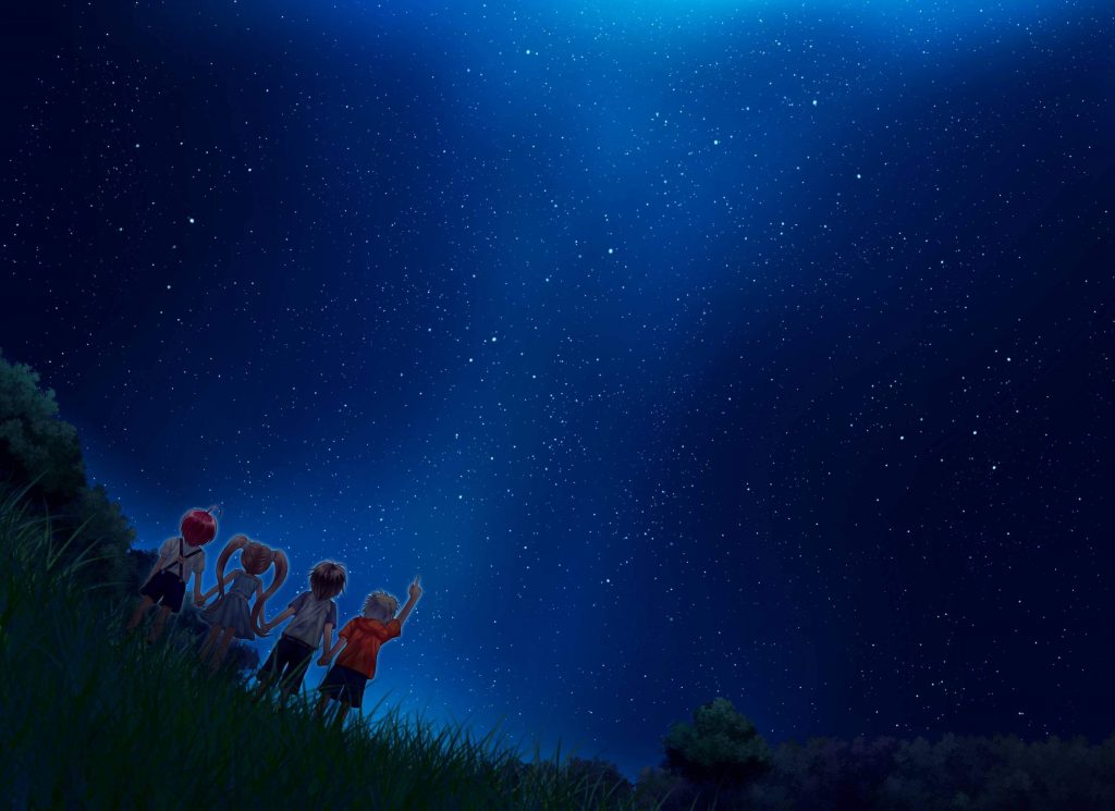 Anime cảnh bốn bạn nhỏ nắm tay nhau cùng ngắm nhìn bầu trời đầy sao đẹp tuyệt trần