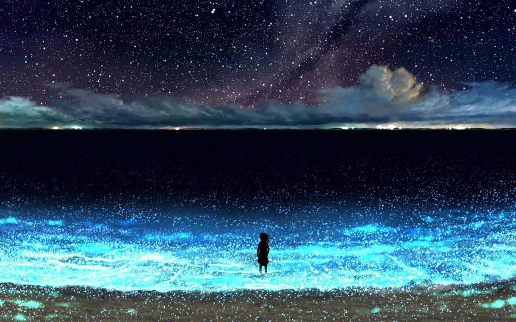 Hình anime cô gái đứng bên bờ biển ngắm nhìn bầu trời đêm đầy sao đẹp tuyệt ảo