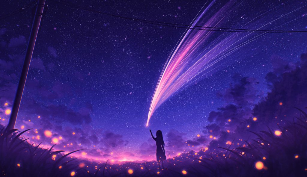 Ảnh nền anime cô gái cố bắt lấy sao chổi rơi trên bầu trời đẹp huyền ảo