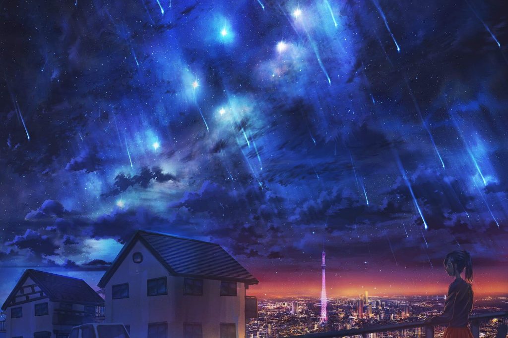 Ảnh anime cảnh thành phố phồn hoa bên trên là bầu trời lấp lánh đầy sao băng đẹp tuyệt vời