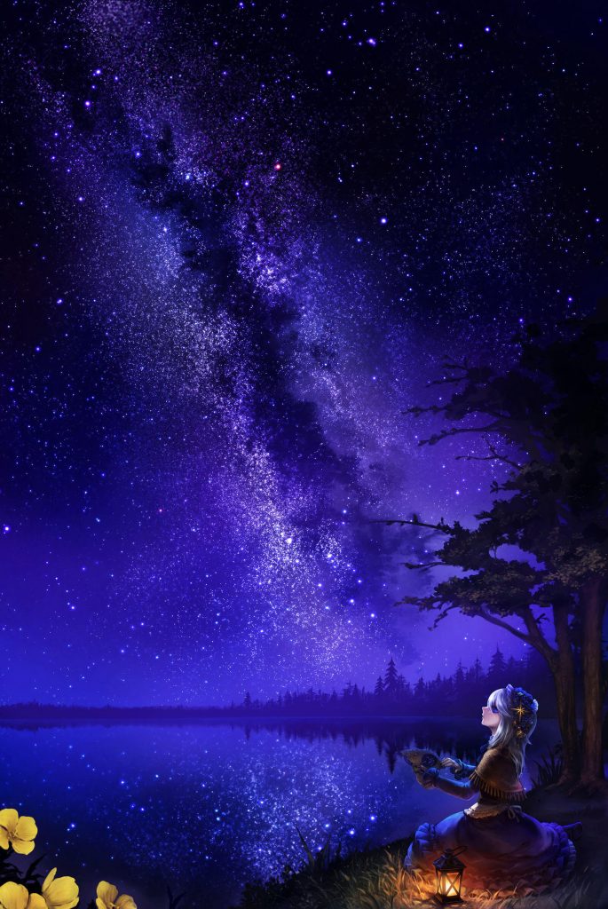 Hình anime cô gái ngồi bên hồ ngắm nhìn bầu trời đêm đầy sao lung linh đẹp mê hoặc lòng người 