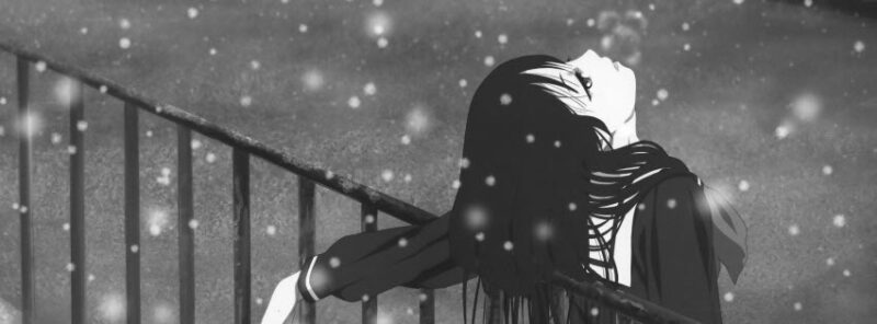 Hình ảnh đen trắng anime cô gái tựa vào lan can buồn, cô đơn