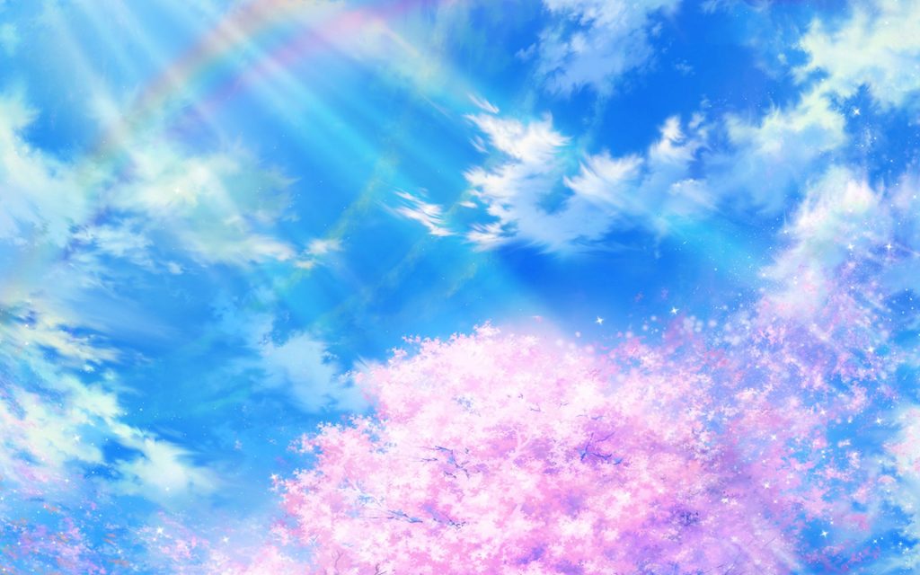 Hình ảnh cầu vòng tuyệt đẹp trên bầu trời trong xanh bao la dưới cây hoa anh đòa