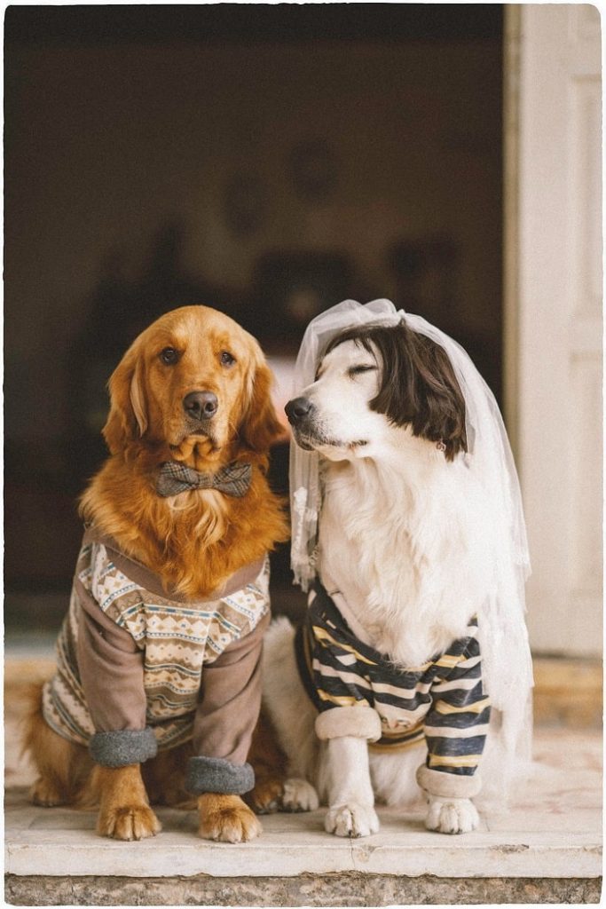 Cặp vợ chồng chó Golden màu vàng và Golden trắng chụp ảnh cưới phong cách vintage rất đáng yêu