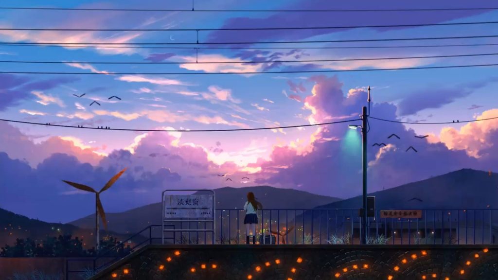 Phong cảnh anime cô gái ngắm bầu trời tuyệt đẹp ở bến tàu