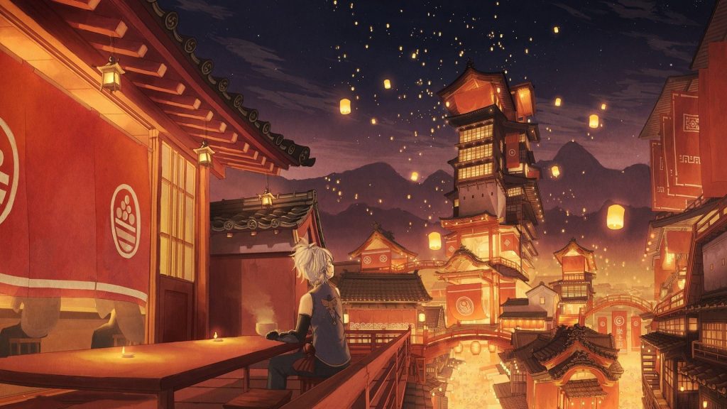 Hình anime cảnh đèn lồng lấp lánh bay trên bầu trời đẹp động lòng người xem