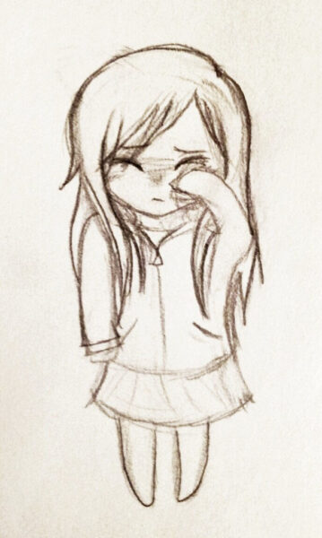 Hình vẽ tay chibi cô gái buồn đang lấy tay lau nước mắt