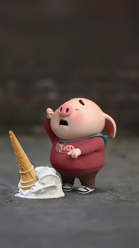 Biểu cảm của con heo hoạt hình khi làm rơi cây kem
