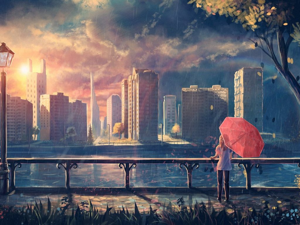 Cảnh anime ngắm nhìn thành phố dưới mưa cực lãng mạn